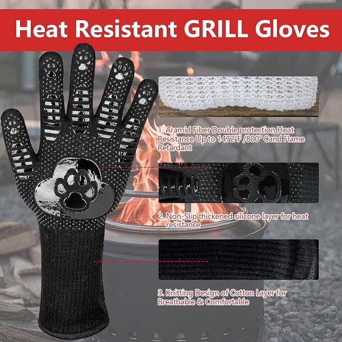 UBeesize Lengthen BBQ Gloves, 1472°F Heat Resistant Grill Glove, Fireproof Oven Gloves for Cooking, Non-Slip Fire Glove for Grilling, Barbecue, Smoker, Baking, Frying