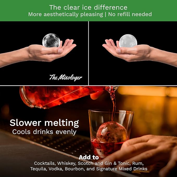 The Mixologer Antarctic Clear Ice Maker Sphere & Cube – Clear Ice Balls for Whiskey & Cocktails – Cocktail Sphere Ice Molds – No Distilled Water Needed – 2 Mold Set with Lid