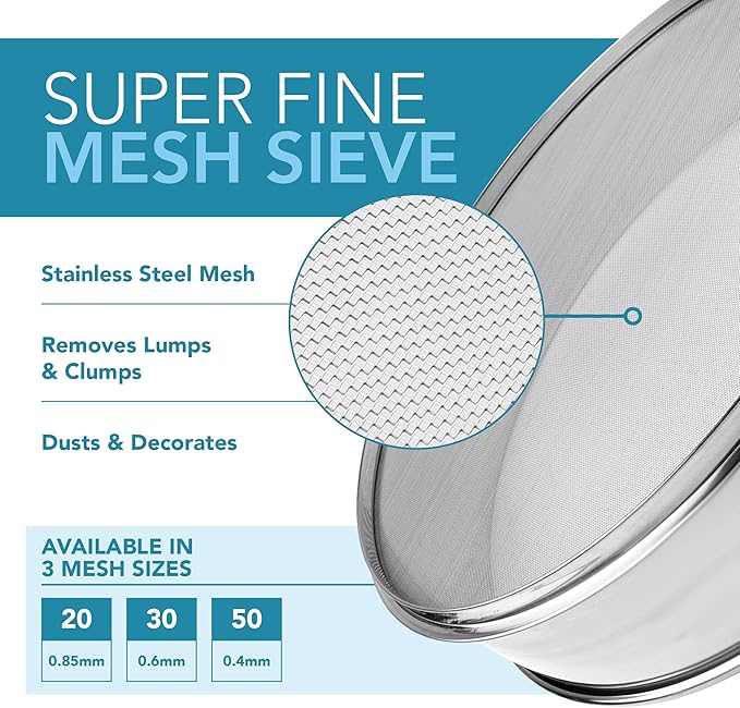 Stainless Steel Flour Sifter Fine Mesh Round Flour Sieve for Baking 14" Diameter x 2.88" High; 20 Mesh (Hole Size 0.85mm)