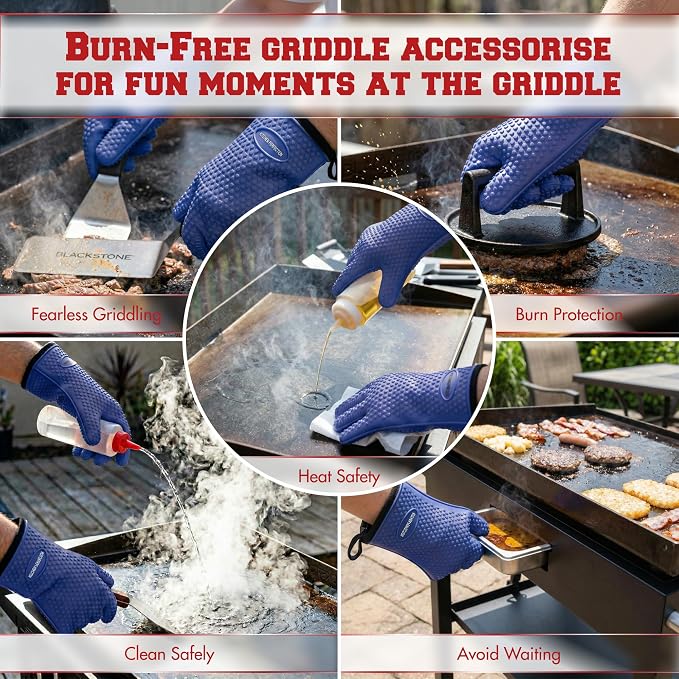 KITCHEN PERFECTION Silicone Griddle Grill Gloves Heat Resistant Oven Mitts | Waterproof, 5-Finger Design For A Better Grip, Best Griddle Grilling Accessories, Compatible with Blackstone, Weber & More