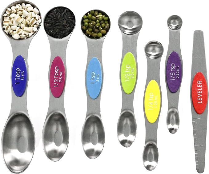 Multicolor Magnetic Measuring Spoons Set with Leveler | 7Pack, Stainless Steel, Stackable, Fits Spice Jars - For Baking Kitchen Gadgets Apartment Essentials Fits