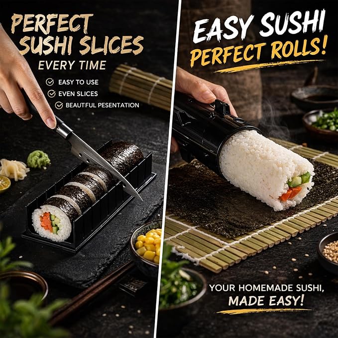 FUNGYAND Sushi Making Kit, 27-in-1 Complete Sushi Set | with Bazooka Roller, Nigiri & Musubi Presses, Bamboo Mats, Knife, Cutting Mold, Ceramic Dishes