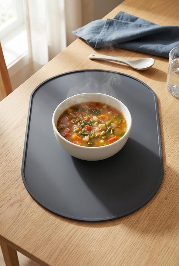 Oval Silicone Placemats Set of 4, 15.8 x 10.5in, Table Protector, Gray | Food-grade Silicone , Non-slip , Raised Edge Heat Resistant, Easy Clean , Compact Size, for Dining Table