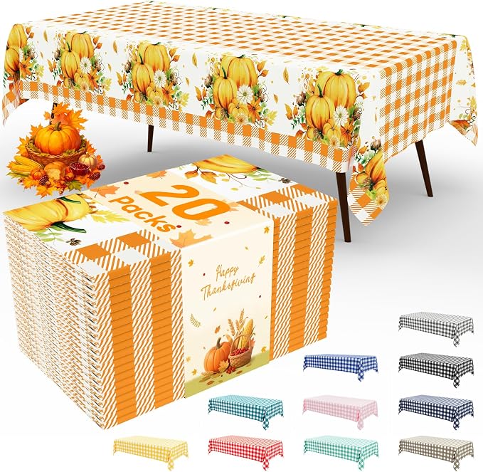 20 Packs Buffalo Disposable Table Cloth, 54 x 108 Inch Waterproof Plastic Tablecloth, Rectangle Pumpkin Orange and White Checkered Table Covers for Picnic, Birthday, Party