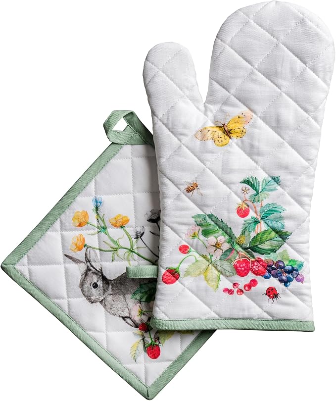 Maison d' Hermine 100% Cotton Oven Mitt & Pot Holder Set (7.5"x13" & 8"x8") | Heat Resistant BBQ Cooking Gloves with Loop Baking Grilling Kitchen Hotel Home Farmhouse Spring Summer - Printemps