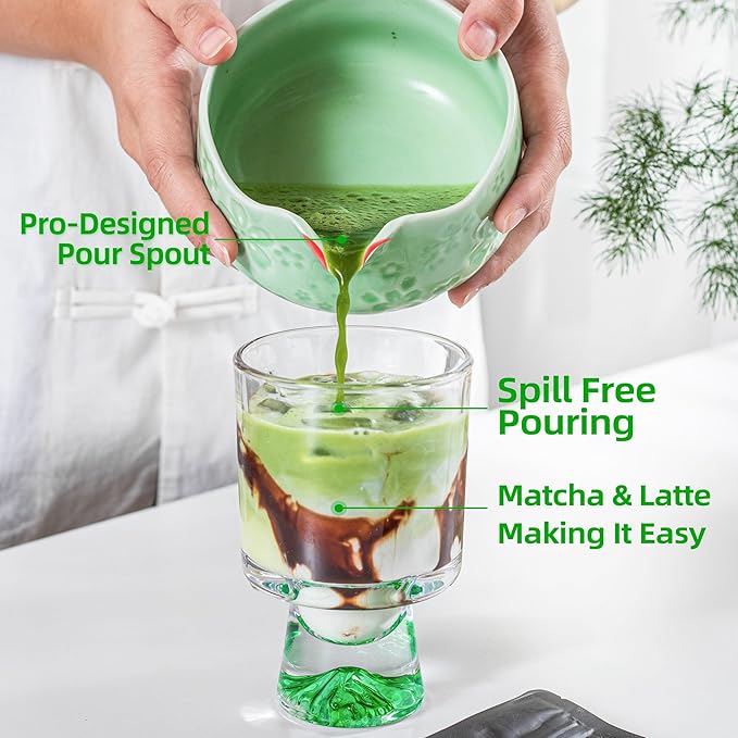 TEANAGOO Matcha Whisk Set,7 Pcs Matcha Set Blue Green,Ceremony Matcha Kit,Matcha Tea Set for Making Latte,Ceramic Bowl(chawan) whith Spout and Whisk,Gift for Matcha Lovers