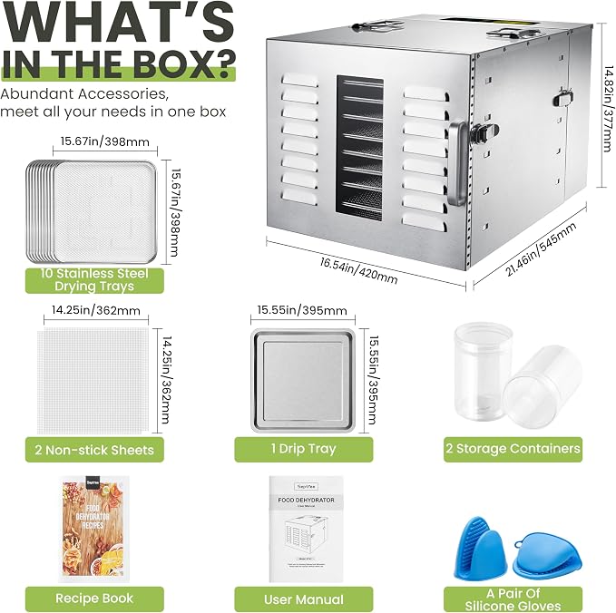 Commercial 10 Trays Food Dehydrator Machine for Jerky and Herbs Usable Area up to 24.65ft² and 194℉ Temperature 1000W Detachable Stainless Steel Dryer for Meat Fruit Mushrooms Beef Food Silvery