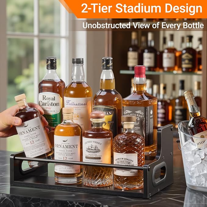 YQBRAO 2-Tier Liquor Bottle Display Shelf, Coffee Syrup Rack Organizer, Water Bottle Organizer, Mini Bar Cabinet, Rustic Bar Shelves for Liquor Whiskey, Spirits（Black）