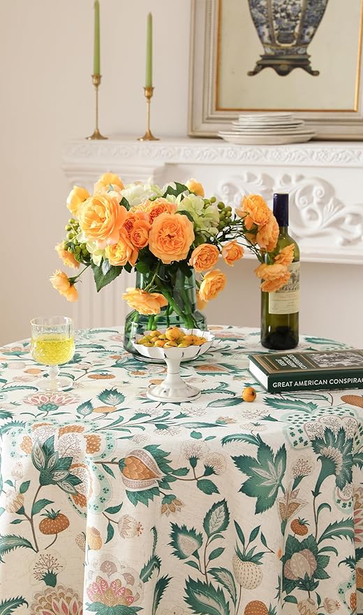 patdrea Designer Small Vintage Green Round Table Cloth,French Floral Country Linen Durable Tablecloth,Wrinkle Free Cover for Kitchen Dining,Christmas,Thanksgiving,Diameter 55"-Tree Life
