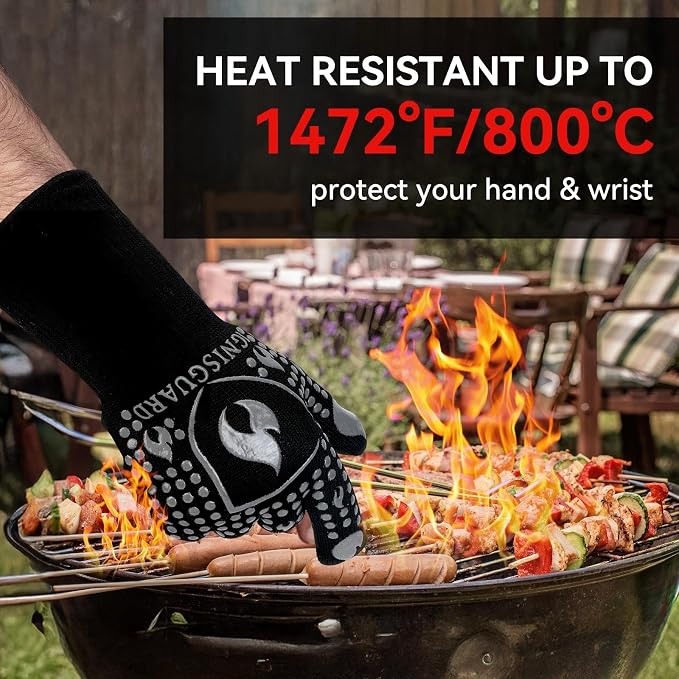 BBQ & Grill Gloves, Oven Gloves, 1472°F Silicone Oven Mitts Heat Resistant Grilling Gloves Fireproof Non-Slip for Barbecue Cooking Baking Smoking, 1-Pair (Gray, Medium)