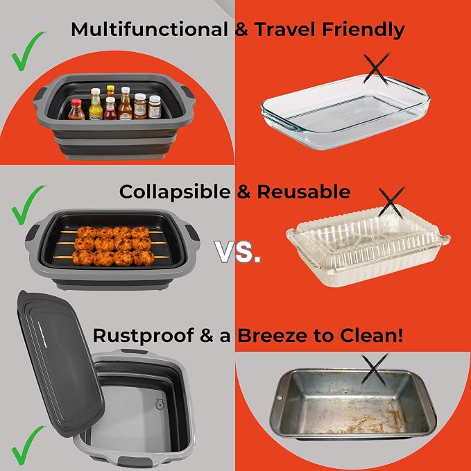 Collapsible X-Large (16L) BBQ Marinating Tub w/ Cutting Board | Multipurpose Food-Grade TPE Prep Tub w/ Lid | Built-In Colander & Drain Plug - For Camping | Tailgate | Picnic - Slate Black
