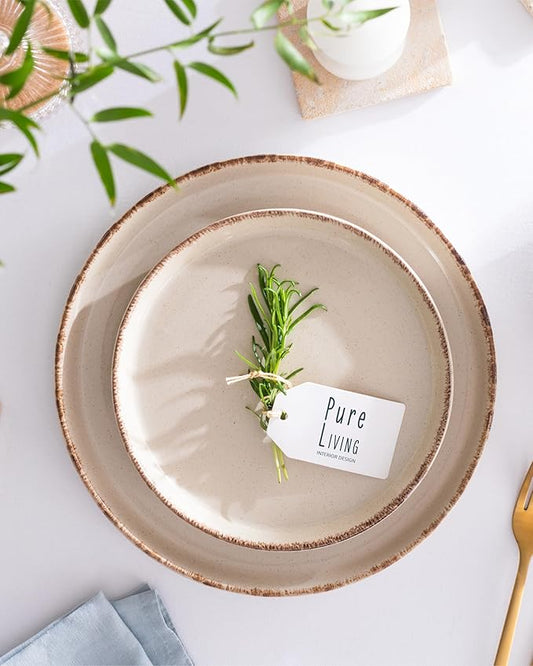 Stoneware dinnerware set 8 persons Rustic 32 pcs - Rustic design dinnerware set, dishwasher safe - Bowl and plate set - Pure Living dinnerware in beige…