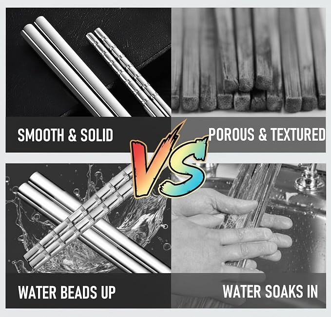 Metal Chopsticks with Training Chopstick Helpers - 18/8 Premium Reusable Non-Slip & Lightweight 9 1/4 Inch Stainless Steel Chopsticks, Dishwasher Safe, Furniture Kitchen Premium Gift Set (Silver)