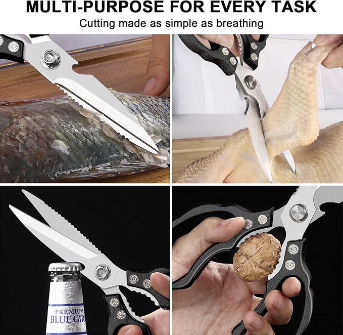 CGBE Kitchen Scissors All Purpose Heavy Duty, Ultra Sharp Stainless Steel Kitchen Shears Dishwasher Safe, Cooking Shears for Chicken, Poultry, Fish, Meat, Herbs & Grapes with Non-Slip Grips - Black
