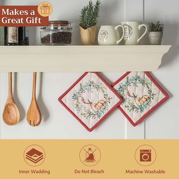Maison d' Hermine Pot Holders 100% Cotton Potholders (8" x 8", Pack of 2) | Heat Resistant Hot Pads with Loop BBQ Cooking Baking Hotel Kitchen Handling Hot Pans Thanksgiving Christmas - Holly Time