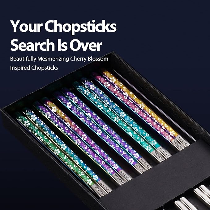 Hagary Cherry Blossom Rainbow Chopsticks Metal Chopsticks Reusable Designed In Korea Japanese Style Stainless Steel 316 18/10 Non-Slip Dishwasher Safe (5 Pairs)