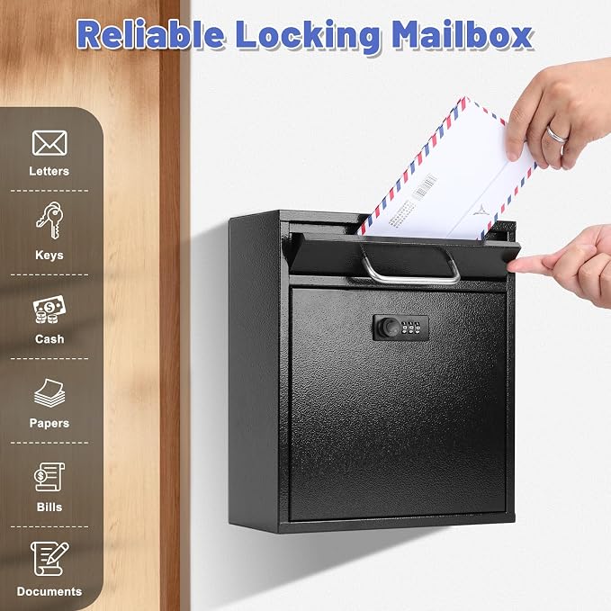 KYODOLED Wall Mount Mailbox for Outside, Combination Lock, Large, Black | Sturdy Steel, Anti-theft Large Drop Box, Ideal for Home, Office, School Daily Mail/Key/Cash Storage, 12H" x 10.5L" x 4.6W"
