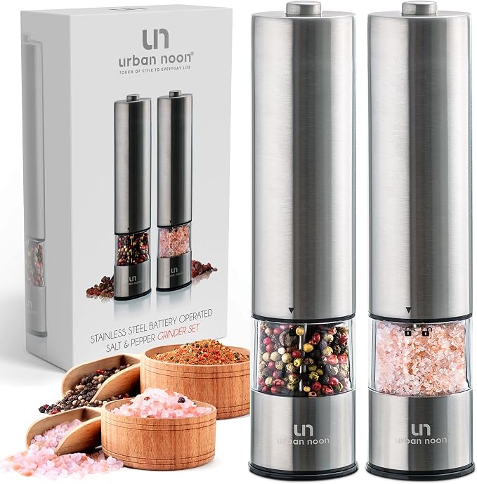 Urban Noon Electric Salt and Pepper Grinder Set (2 Mills, 8.1" Tall) - One-Handed Push-Button Mills with LED Light, Adjustable Ceramic Coarseness, Gift-Ready Box, 1-Year Warranty - Stainless Steel