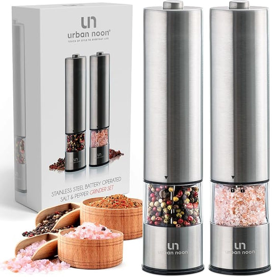 Urban Noon Electric Salt and Pepper Grinder Set (2 Mills, 8.1" Tall) - One-Handed Push-Button Mills with LED Light, Adjustable Ceramic Coarseness, Gift-Ready Box, 1-Year Warranty - Stainless Steel