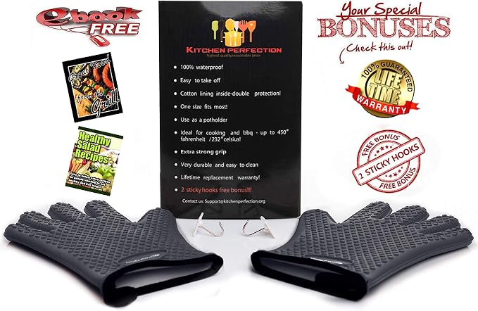 KITCHEN PERFECTION XL Silicone Smoker BBQ Gloves -Heat Resistant Oven Mitts | Waterproof, 5-Finger Design For A Better Grip, for Pitmasters, Meat Smoking, Grilling, Cooking, Frying Turkey | Grill Gift