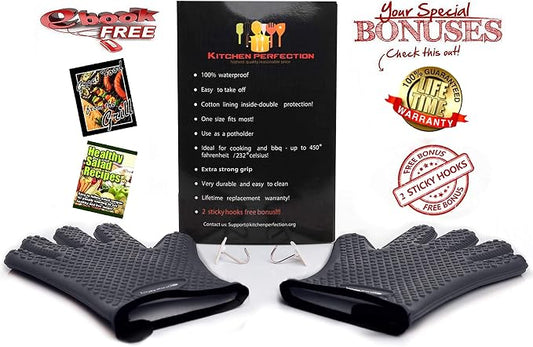 KITCHEN PERFECTION S Silicone Smoker BBQ Gloves - Heat Resistant Oven Mitts | Waterproof, 5-Finger Design For A Better Grip, for Pitmasters, Meat Smoking, Grilling, Cooking, Frying Turkey | Grill Gift