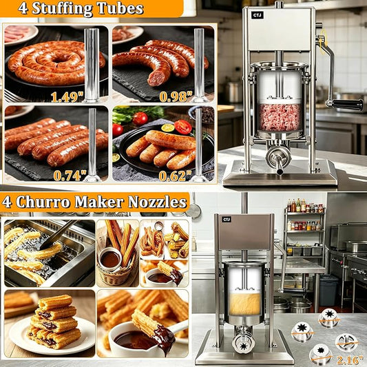 CTJ Sausage Stuffers Stainless Steel Sausage & Churro Maker 3L/7Lb | Manual 2 in 1 Sausage Stuffer & Churro Maker, 2-Speed Adjustable Vertical Sausage Maker, 4 Stuffing Tubes & Churros Nozzle