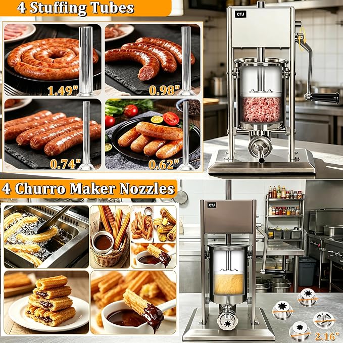 CTJ Sausage Stuffers Stainless Steel Sausage & Churro Maker 5L/11Lb | Manual 2 in 1 Sausage Stuffer & Churro Maker, 2-Speed Adjustable Vertical Sausage Maker, 4 Stuffing Tubes & Churros Nozzle