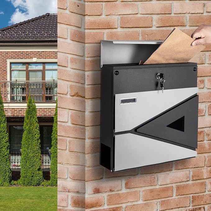 Wall-Mount Mailbox for House Outside, Security Drop Box with Lock and Keys, Steel Metal Mail Box with Newspaper Compartment, 14.57 x 14.57 x 4.33 Inch, Grey & Black, MD039 X-Large