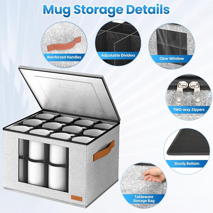 Foyego 2-Layer Coffee Mug Storage Box with Dividers, Cup and Mug Storage Organizer with Zipper Lid and Handles, Stackable Cup Organizer for 24 Coffee Mugs, Cups and Glasses, Light Grey