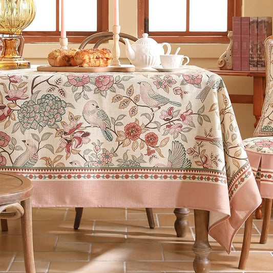 patdrea Designer Pink Linen Table Cloth for Rectangle Table,Vintage Floral with Birds Pattern Decorative Tablcloth,French Table Cover for Kitchen Dining,Thanksgiving,Christmas,63"x87"-Kulom a