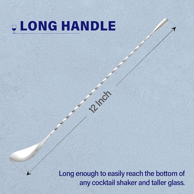 Briout 6 Pieces Bar Spoon, 12 Inches Long Handle Drink Stirrer with Mirror Finished Surface, Stainless Steel Cocktail Mixing Spoons for Drink, Silver