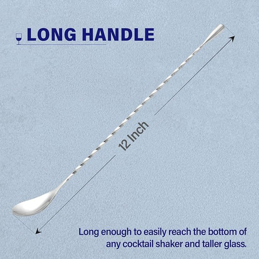 Briout 6 Pieces Bar Spoon, 12 Inches Long Handle Drink Stirrer with Mirror Finished Surface, Stainless Steel Cocktail Mixing Spoons for Drink, Silver