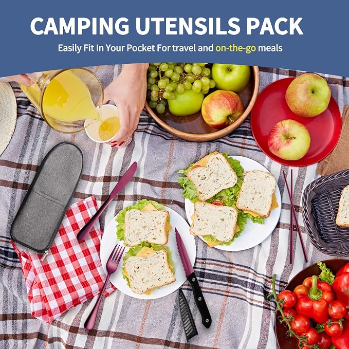 Logcow Travel Utensils Set with Case, 10-Piece Reusable Stainless Steel Camping Cutlery, Portable Fork Spoon Knife Chopsticks & Straw for Work, Lunch, Picnic (Purple)