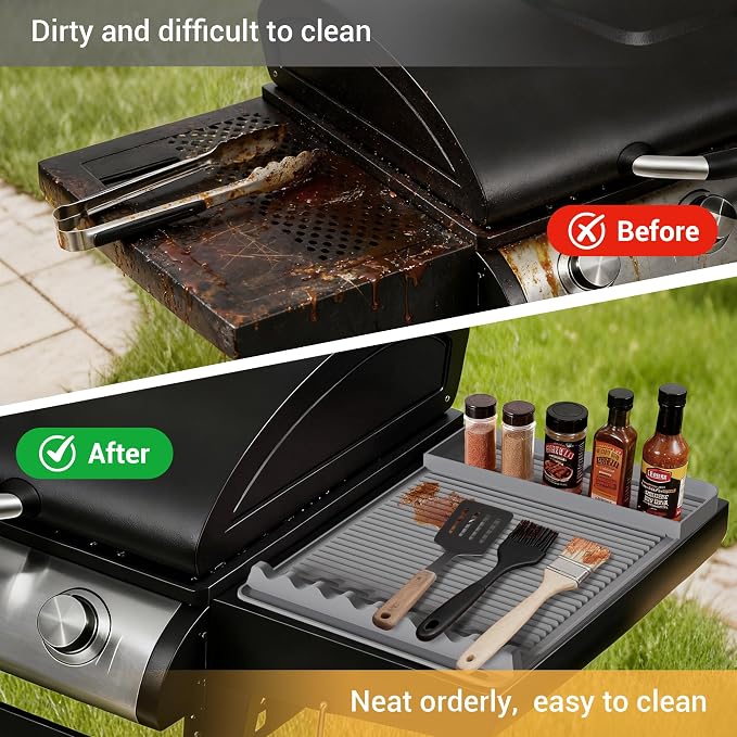 Silicone Grill Mat for Blackstone Griddles & Outdoor Grills - Heat Resistant (450°F) Countertop Protector, Non-Slip Tool Organizer & Grease Catcher, 16x11.5 Inch(Grey)