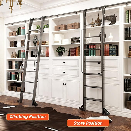 DIYHD 96" Rolling Library Ladder with Handrail, 4FT Sliding Rail, Black | 8-Step lightweight ladder with space-saving upright storage, Telescopic top hooks, Locking bottom rollers, 300lbs capacity