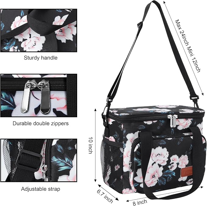 Lunch Bags for Women/Men, Insulated Lunch Bag for Work Office - Lunch Cooler Bag Leakproof Lunch Box with Adjustable Shoulder Strap - Pink flower