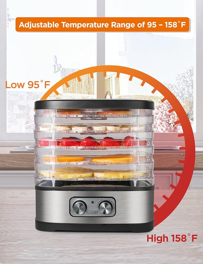 Commercial Chef Food Dehydrator, 5 BPA-Free 10” x 9.25” Trays, CHD200S | Stainless Dehydration Machine for Beef Jerky, Dehydrated Vegetables, Fruits and More, 240V