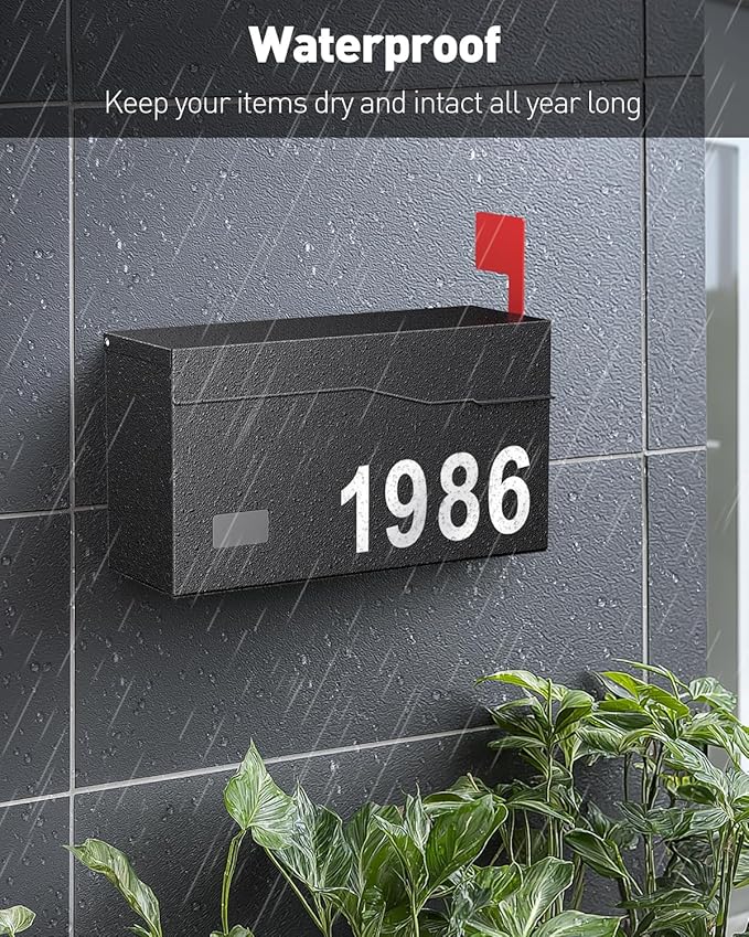 Uniclife Wall Mount Mailbox for Outside (No Locking Mechanism) | Flag & Number Stickers, Large Metal Mail Box for House, Modern Post Box for Outdoor Office Home