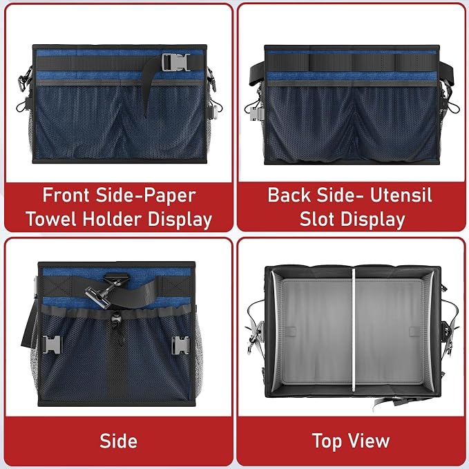 Grill Caddy, Foldable BBQ Caddy with Paper Towel Holder, Blue | 11 Compartments, Easy-Clean Aluminum Interior, 1680D Oxford Fabric, Water-Resistant, Shoulder Strap Included, Tailgating