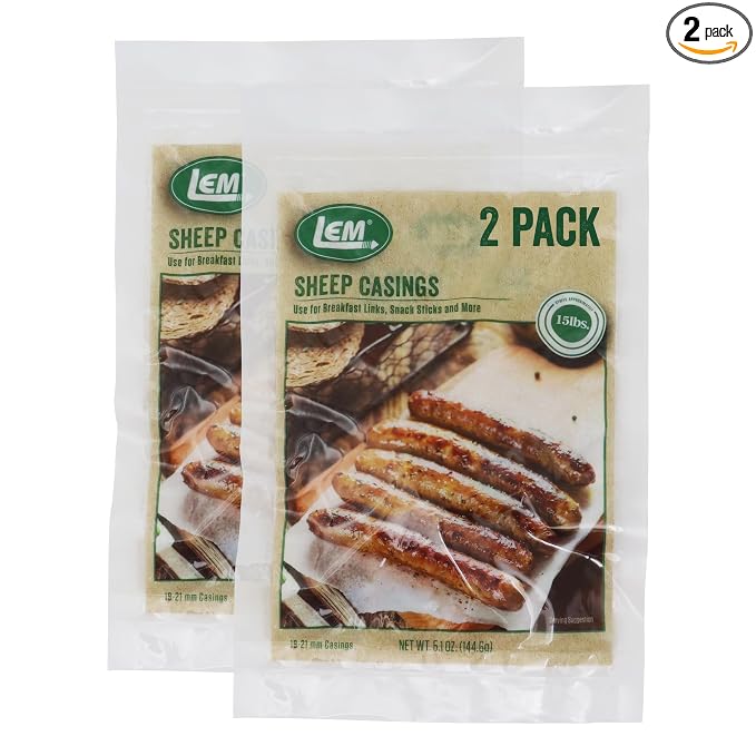 LEM Products Natural Sheep Casings, 19–21mm Edible Sausage Casings for Snack Sticks, Hot Dogs, Breakfast Sausage, Pepperoni, Salami, Homemade Sausages, Stuffs Approx. 30 lbs, 5.1 Ounce Package, 2 Pack