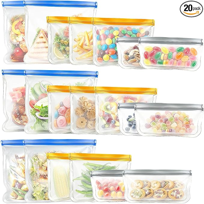 20Pack Dishwasher Safe Reusable Bags, 3Size Leakproof Reusable Silicone Freezer Bags Food Storage Containers for Meal Prep Containers, Lunch Sandwich Bag for Salad Fruit, Vegetables, Home Organization