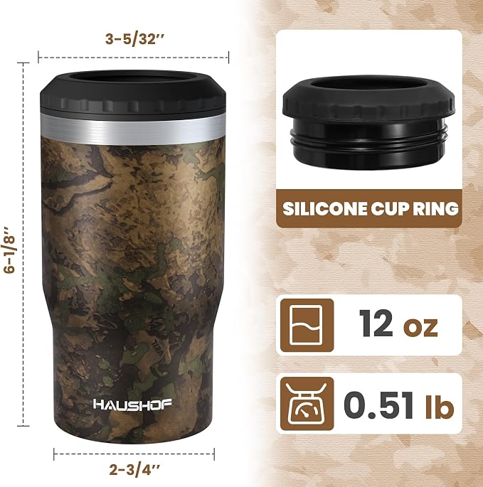 HAUSHOF 4-in-1 Insulated Can Cooler for 12oz Cans & Beer Bottle, Camo Green | Double-Wall Vacuum Insulated, 18/8 Stainless Steel, BPA-Free Lid, Slim Can Cooler for Camping, Beach & Picnic
