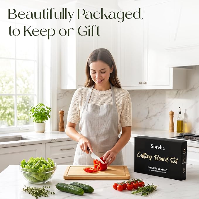 3-Piece Bamboo Cutting Boards - Groove, Handles, 15/12/9" - Light Natural | Bamboo boards with juice groove for prep, serving side for charcuterie
