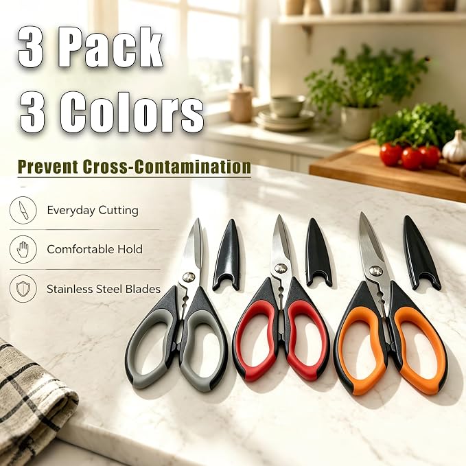 3 Pack Kitchen Scissors - Sharp Kitchen Shears | with Herb Stripping Hole All Purpose Stainless Steel Heavy Duty for Poultry Food Meat Dishwasher Safe with Protective Sheath