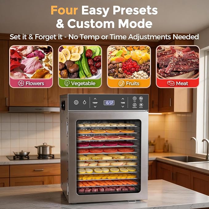 Suteck 800W Food Dehydrator with 12 Trays for Jerky, Fruit, Veg, Meat | Stainless Steel, 4 Presets, Strong Dual Fans & 360° Airflow, 85°F–195°F, 24H Timer, Built-in Light, Quiet