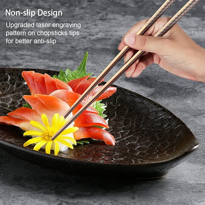 Metal Chopsticks Reusable Multicolor Stainless Steel Chopsticks Dishwasher Safe Chop Sticks Laser Engraved Copper Coin Pattern Square Non-slip, 9 1/4 Inches 5 Pairs Gift Set