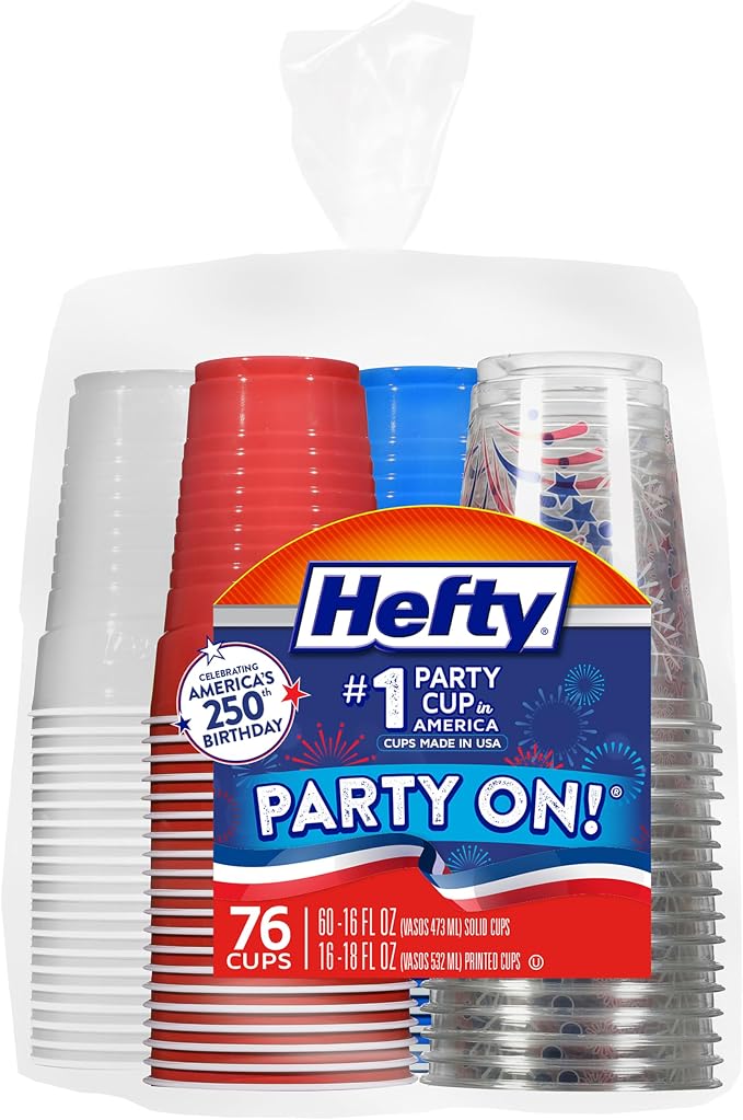 Hefty Party On Disposable Party Cups, Patriotic Color Pack, 76ct | American Themed Assortment, 16oz Red White and Blue and 18oz Festive Clear Cups, Great for Summer and July 4th Celebrations