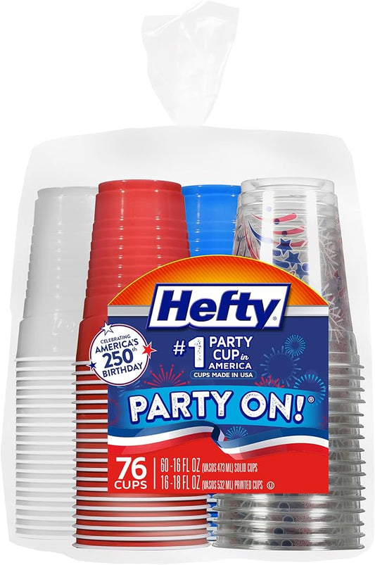 Hefty Party On Disposable Party Cups, Patriotic Color Pack, 76ct | American Themed Assortment, 16oz Red White and Blue and 18oz Festive Clear Cups, Great for Summer and July 4th Celebrations