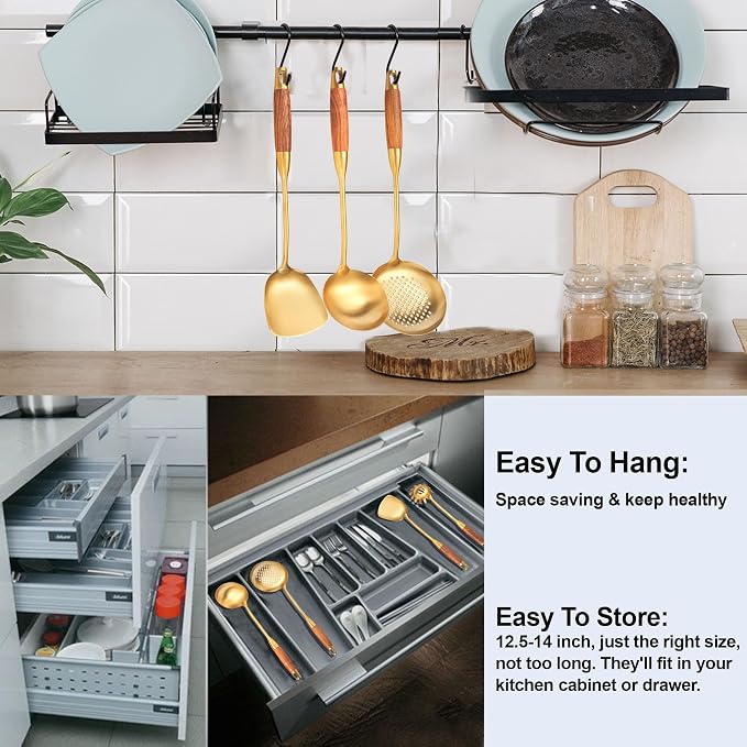 Gold Kitchen Utensils Set Stainless Steel 9 PCS with Wooden Handle | Food-grade 304, Sturdy, Wooden Handle, Anti scald, Work with large batches, Good weight, Well Balance, 13-14 Inch