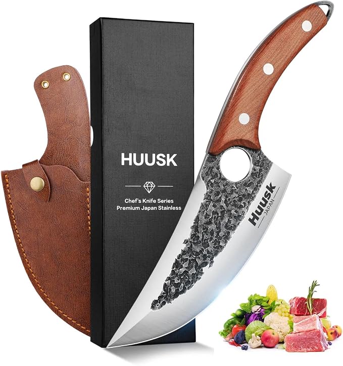 Huusk Hand Forged Viking Butcher Knife with Sheath, Japanese Carbon Steel | Sharp Meat Cutting Chef Knife with Ergonomic Handle for Premium Control, Includes Protective Sheath, Gift for Men and Women